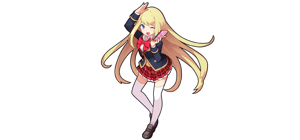 chloe lemaire, girlfriend (kari), sangokushi puzzle taisen, absurdres, highres, official art, 1girl, :d, aqua eyes, blazer, blonde hair, crossover, female focus, full body, jacket, loafers, long hair, long sleeves, looking at viewer, open mouth, plaid clothes, plaid skirt, pleated skirt, shoes, simple background, skirt, smile, solo, thighhighs, transparent background