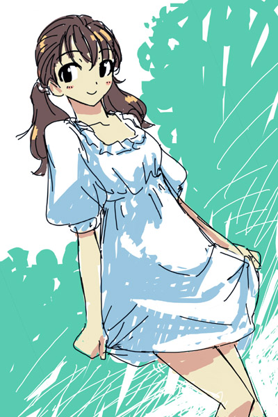 michael f91, original, 1girl, black eyes, brown hair, dress, female focus, long hair, sketch, solo, standing, twintails, white dress