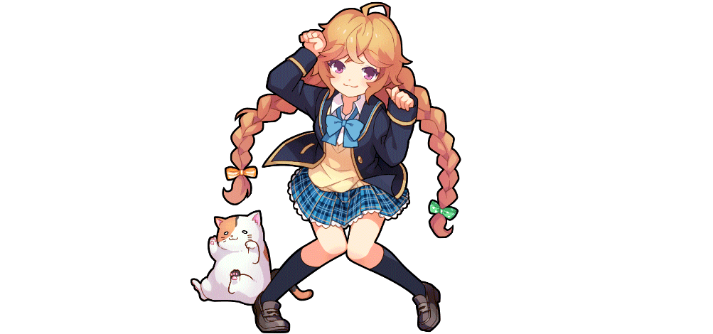 suzukawa rino, girlfriend (kari), sangokushi puzzle taisen, official art, 1girl, ahoge, bow, bowtie, braid, brown hair, cat, cat smile, crossover, female focus, full body, hair ribbon, legs, plaid clothes, plaid skirt, pleated skirt, purple eyes, ribbon, school uniform, shoes, skirt, socks, solo, transparent background, twin braids