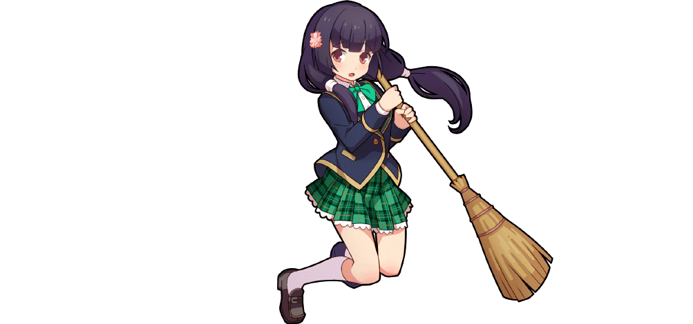 morizono mei, girlfriend (kari), sangokushi puzzle taisen, official art, 1girl, black hair, bow, bowtie, crossover, female focus, full body, hair ornament, jumping, legs, low twintails, plaid clothes, plaid skirt, pleated skirt, school uniform, shoes, skirt, smile, socks, solo, transparent background, twintails