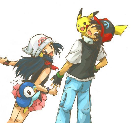 ash ketchum, dawn (pokemon), pikachu, piplup, nintendo, pokemon, pokemon (anime), 1boy, 1girl, beanie, black eyes, black hair, blue hair, child, gen 1 pokemon, gen 4 pokemon, gloves, hat, long hair, looking back, pokemon (creature), poketch, red scarf, scarf, simple background, skirt, watch, white background, wristwatch