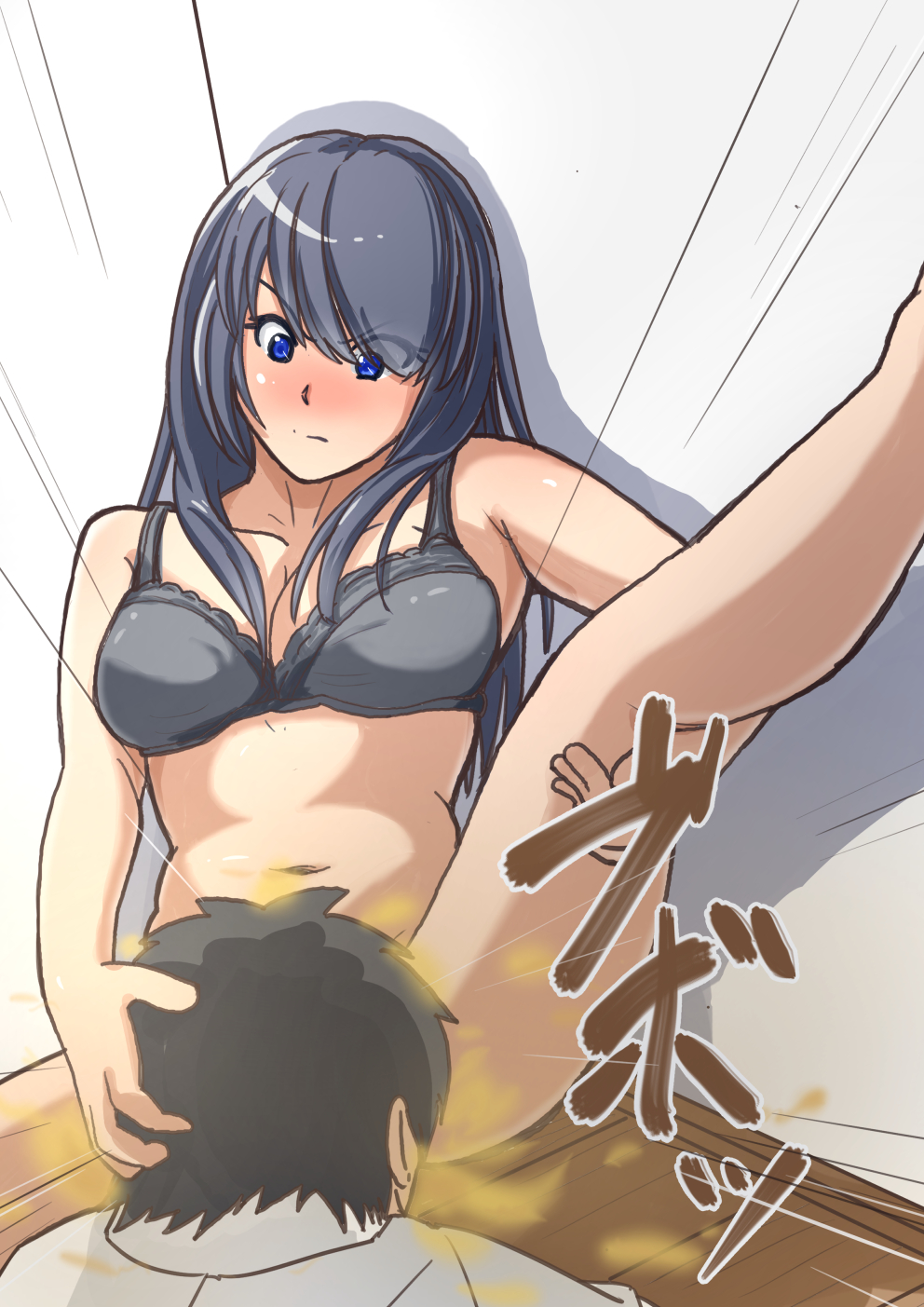 aoi toyomimasu, ichinomiya asumi, 1boy, 1girl, ass, black hair, blue eyes, blush, bottomless, bra, bra only, face in ass, fart, farting in face, huge ass, leg up, legs, long hair, no panties, sitting, underwear