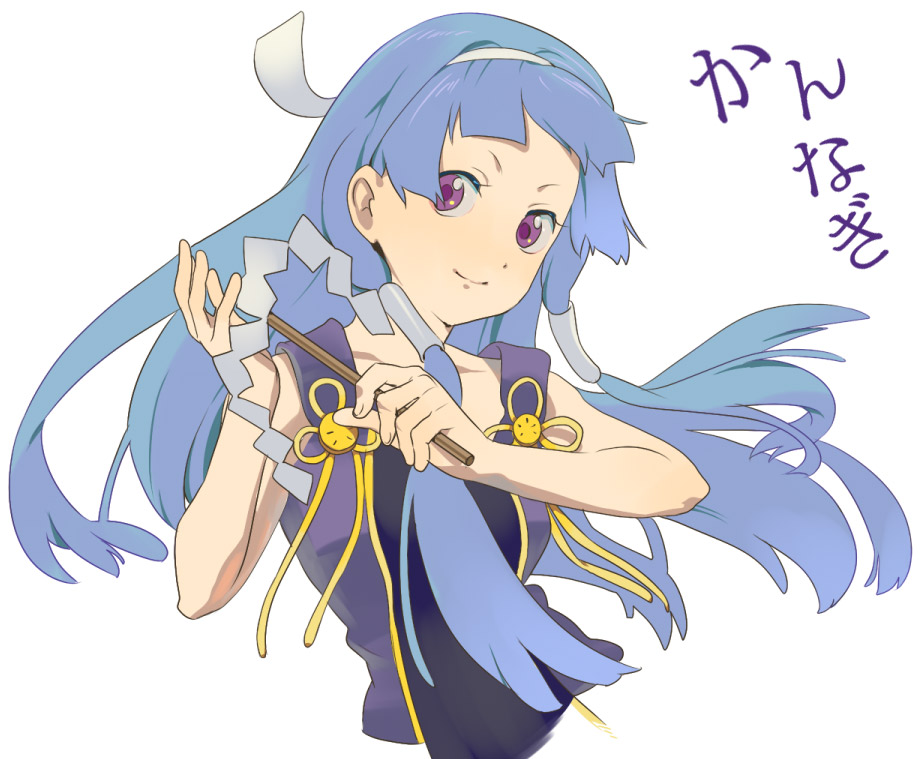 umishima senbon, nagi, kannagi, bad id, bad pixiv id, translation request, 00s, 1girl, blue hair, blunt bangs, female focus, hair tubes, hairband, long hair, purple eyes, smile, solo, tank top, twintails, wand