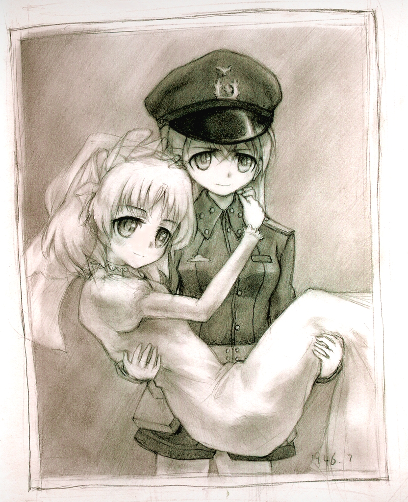kisetsu, eila ilmatar juutilainen, sanya v. litvyak, strike witches, world witches series, bad id, bad pixiv id, traditional media, 00s, 2girls, bride, carrying, couple, dress, formal clothes, military, military uniform, monochrome, multiple girls, pant suit, pants, pantyhose, princess carry, same sex marriage, sketch, suit, wedding dress, wife and wife, yuri