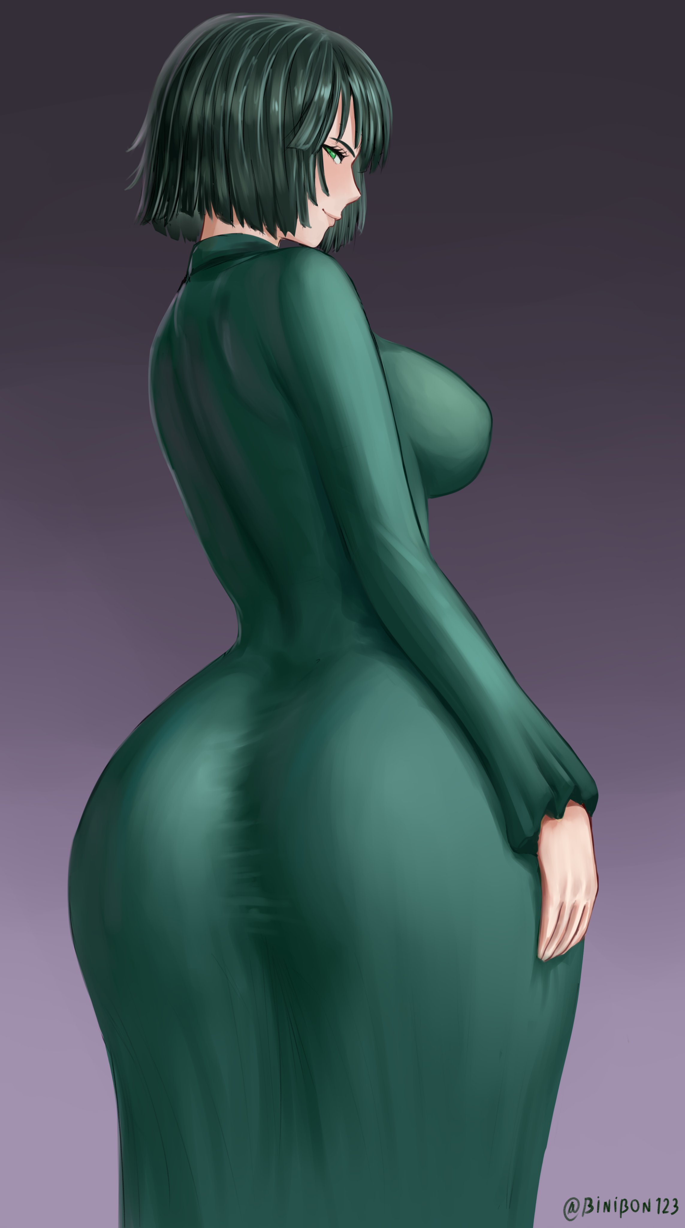 binibon123, fubuki (one-punch man), one-punch man, absurdres, highres, 1girl, artist name, ass, ass focus, blush, breasts, collared dress, dress, female focus, green dress, green eyes, green hair, hand on own hip, hand on own thigh, huge ass, large breasts, legs, legs together, light blush, long sleeves, looking at viewer, looking back, medium hair, perky breasts, seductive gaze, seductive smile, skin tight, skindentation, smile, solo, thick thighs, thighs