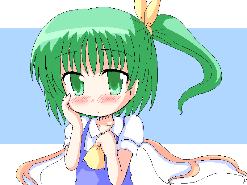 geetsu, daiyousei, embodiment of scarlet devil, touhou, 1girl, ascot, blush, female focus, green eyes, green hair, hair ribbon, hand on own face, matching hair/eyes, oekaki, ribbon, short hair, side ponytail, solo, upper body, wings
