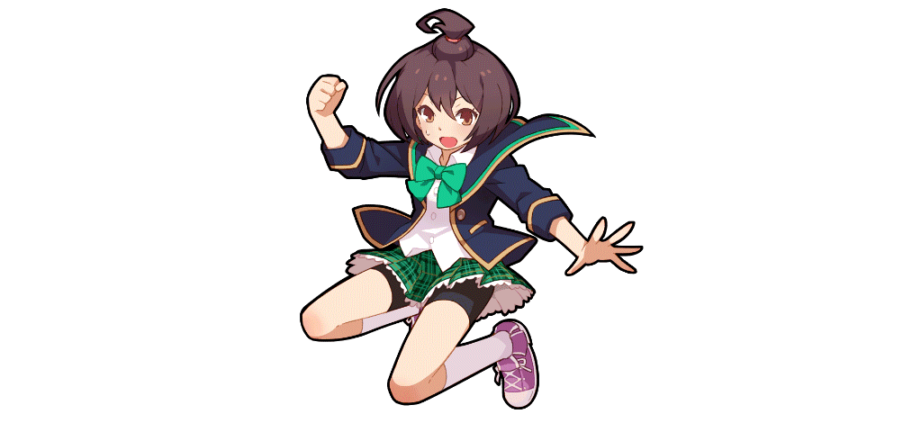 ooyama mayuri, girlfriend (kari), sangokushi puzzle taisen, official art, 1girl, ahoge, bike shorts, bow, bowtie, brown eyes, brown hair, crossover, female focus, full body, green bow, green bowtie, jumping, open mouth, plaid clothes, plaid skirt, pleated skirt, school uniform, shirt, short hair, skirt, socks, solo, transparent background, white shirt