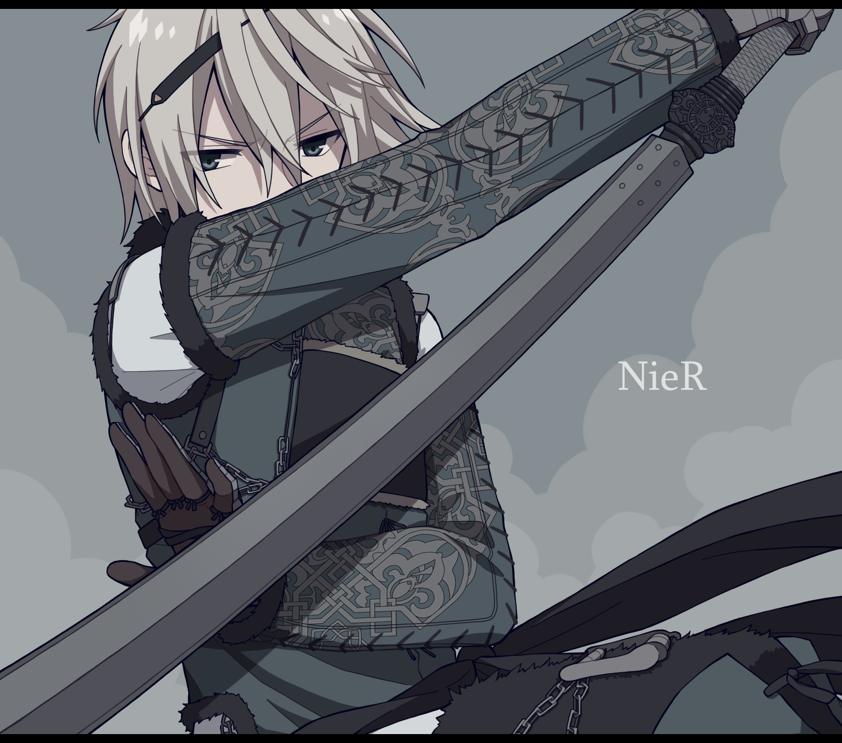 tamakingx422x, nier (brother), nier (brother) (post timeskip), nier, nier (series), commentary request, highres, 1boy, black gloves, blue eyes, copyright name, gloves, grey background, grey hair, grey shirt, hair between eyes, holding, holding sword, holding weapon, long sleeves, looking at viewer, male focus, scabbard, sheath, sheathed, shirt, short hair, solo, sword, upper body, weapon