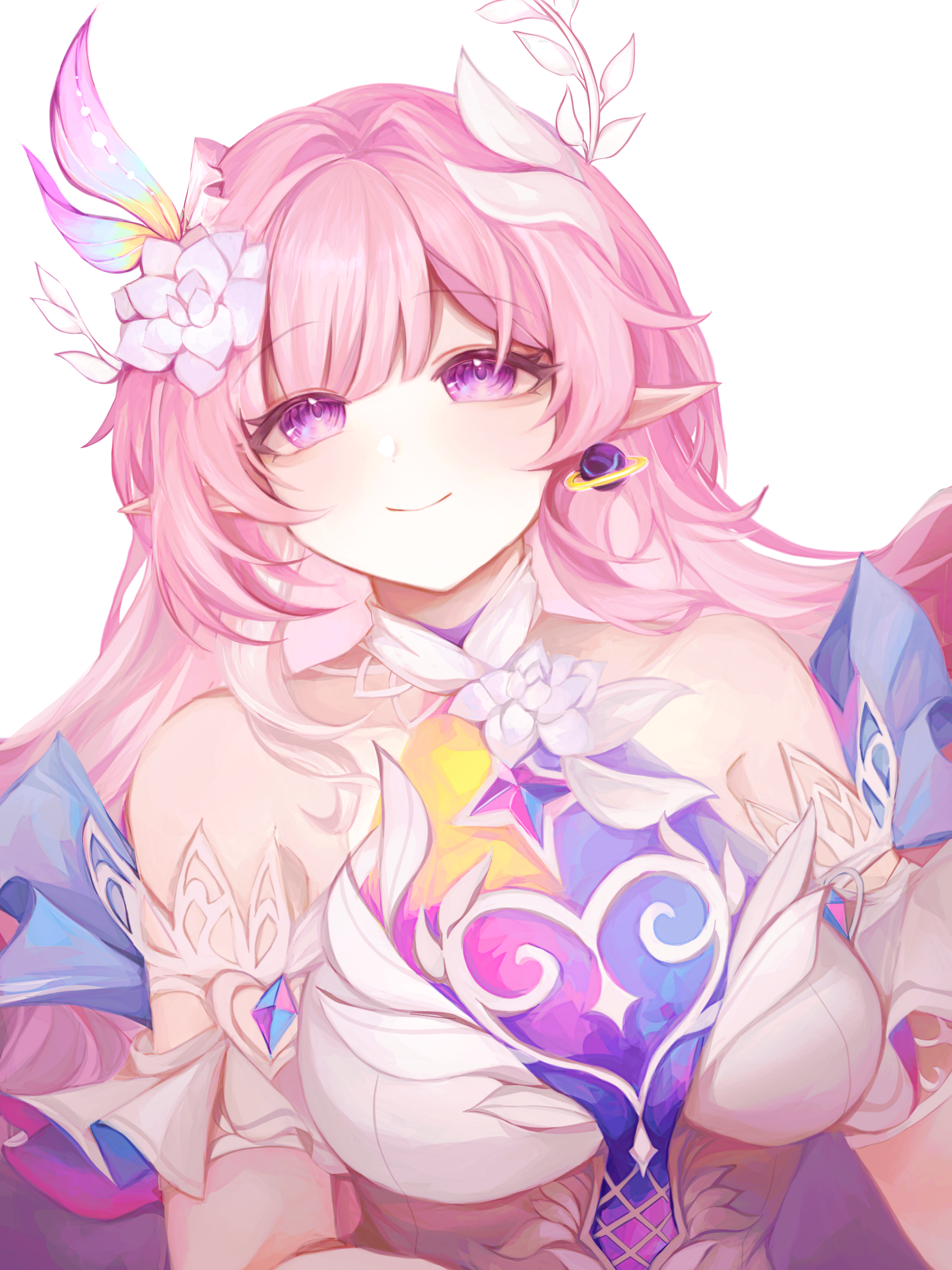 cyrene (honkai: star rail), cyrene (ripples of past reverie) (honkai: star rail), honkai: star rail, honkai (series), absurdres, chinese commentary, commentary request, highres, 1girl, bare shoulders, breasts, earrings, flower, hair flower, hair ornament, halo, jewelry, large breasts, long hair, looking at viewer, pink hair, pointy ears, purple eyes, simple background, smile, solo, upper body, very long hair, white background, wu bi er