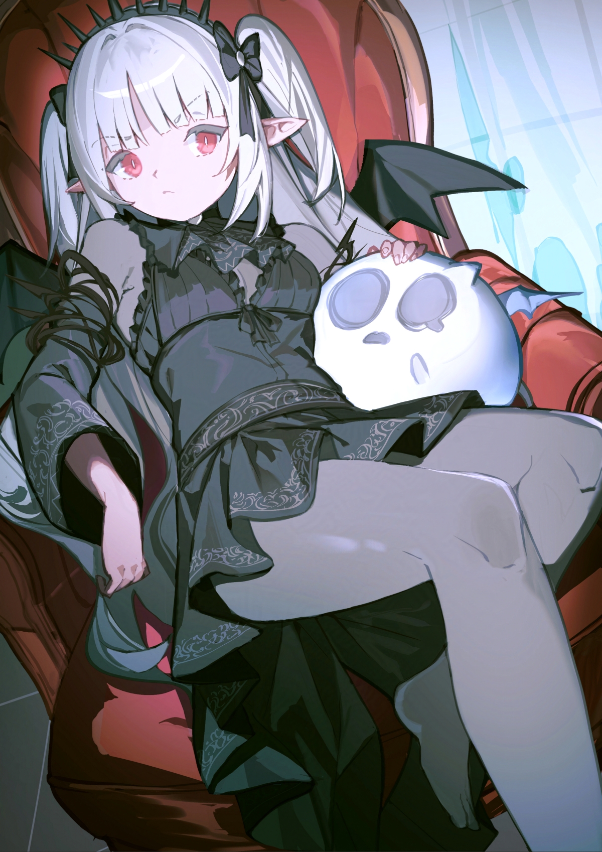 sen-jou, a bao a qu the lightless shadow, yu-gi-oh!, character request, highres, 1girl, black dress, black pantyhose, black wings, breasts, demon girl, demon wings, dress, duel monster, medium breasts, pantyhose, red eyes, sitting, two side up, white hair, wings