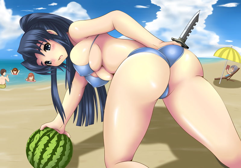 hazuki yuu, asahina mikuru, asakura ryoko, kyon, nagato yuki, suzumiya haruhi, suzumiya haruhi no yuuutsu, 00s, 1boy, 4girls, ass, ass focus, beach, bikini, blue hair, book, breasts, curvy, dagger, day, food, fruit, holding, holding food, holding fruit, holding watermelon, knife, large breasts, long hair, multiple girls, ocean, sideboob, swimsuit, umbrella, underboob, watermelon, weapon