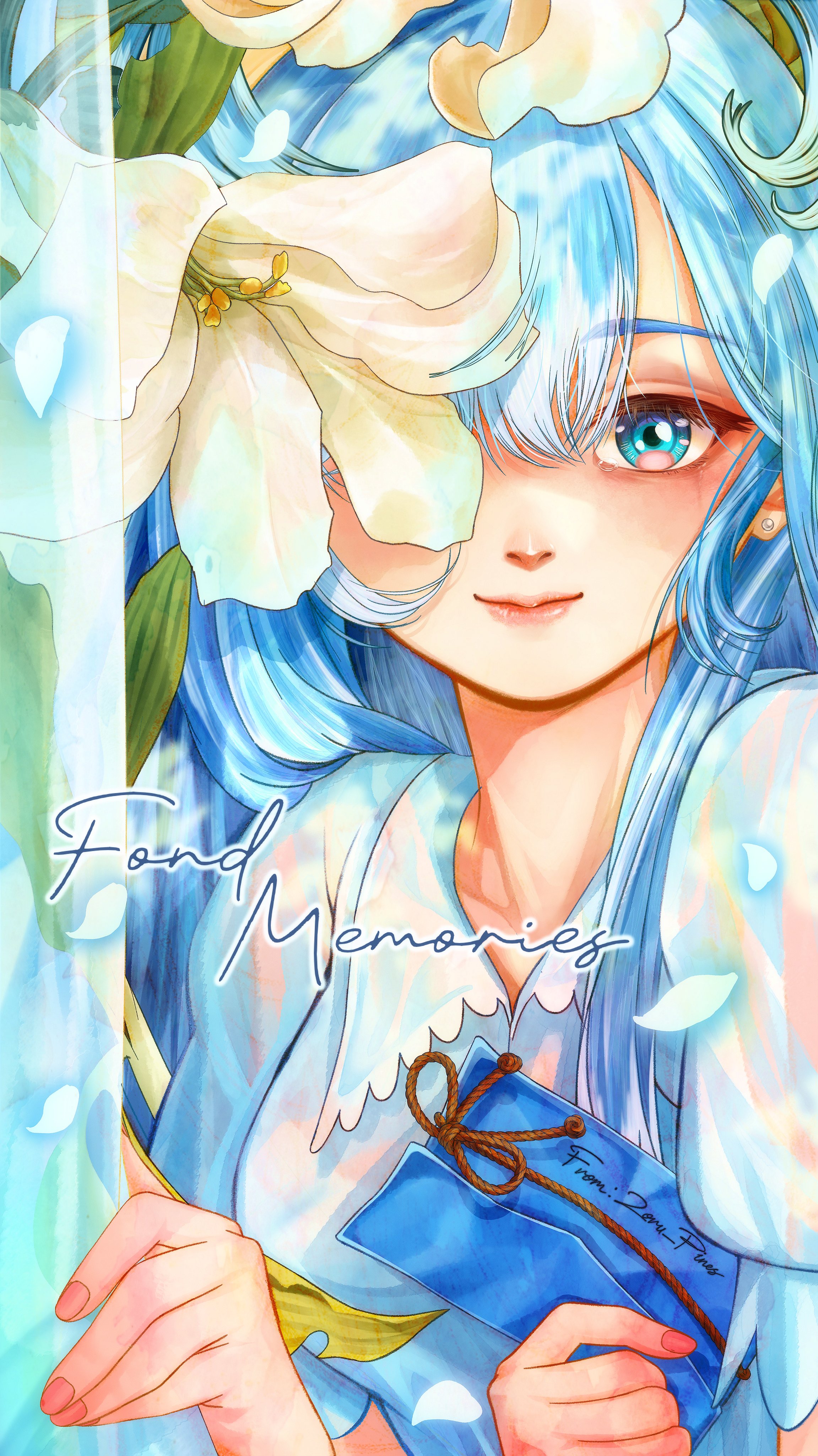 kobo kanaeru, hololive, hololive indonesia, absurdres, flower request, highres, 1girl, antenna hair, artist name, blue eyes, blue hair, breasts, collared shirt, earrings, envelope, falling petals, flower, high ponytail, holding, holding envelope, jewelry, lips, long hair, looking at viewer, multicolored hair, one eye covered, petals, ponytail, puffy short sleeves, puffy sleeves, shirt, short sleeves, sidelocks, signature, small breasts, smile, solo, split ponytail, stud earrings, two-tone hair, virtual youtuber, white hair, zoru pines