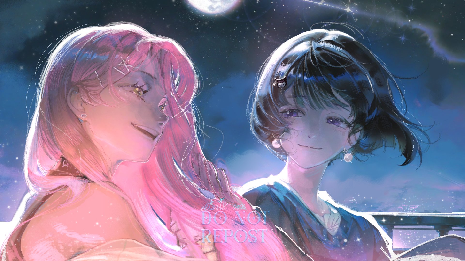kuromi, mizi (alien stage), sua (alien stage), alien stage, onegai my melody, sanrio, commentary, hashtag-only commentary, highres, 2girls, black hair, earrings, eliasis, floating earrings, hair ornament, hairclip, jewelry, long hair, looking at another, multiple girls, night, night sky, pearl earrings, pink hair, short hair, sky, smile, watermark, x hair ornament
