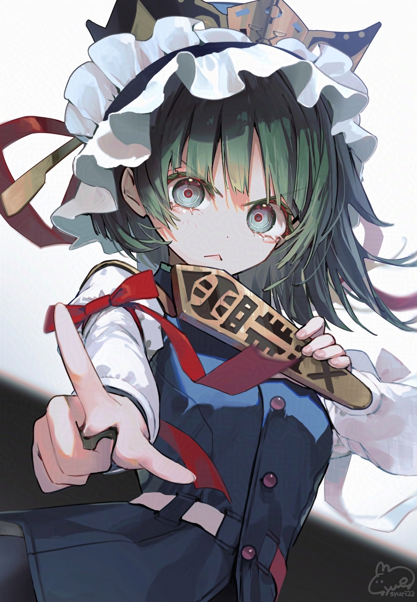 syuri22, shiki eiki, touhou, highres, 1girl, :<, asymmetrical hair, blue eyes, blunt bangs, blurry, blurry background, dot nose, foreshortening, green hair, hat, looking at viewer, rod of remorse, simple background, solo, v-shaped eyebrows