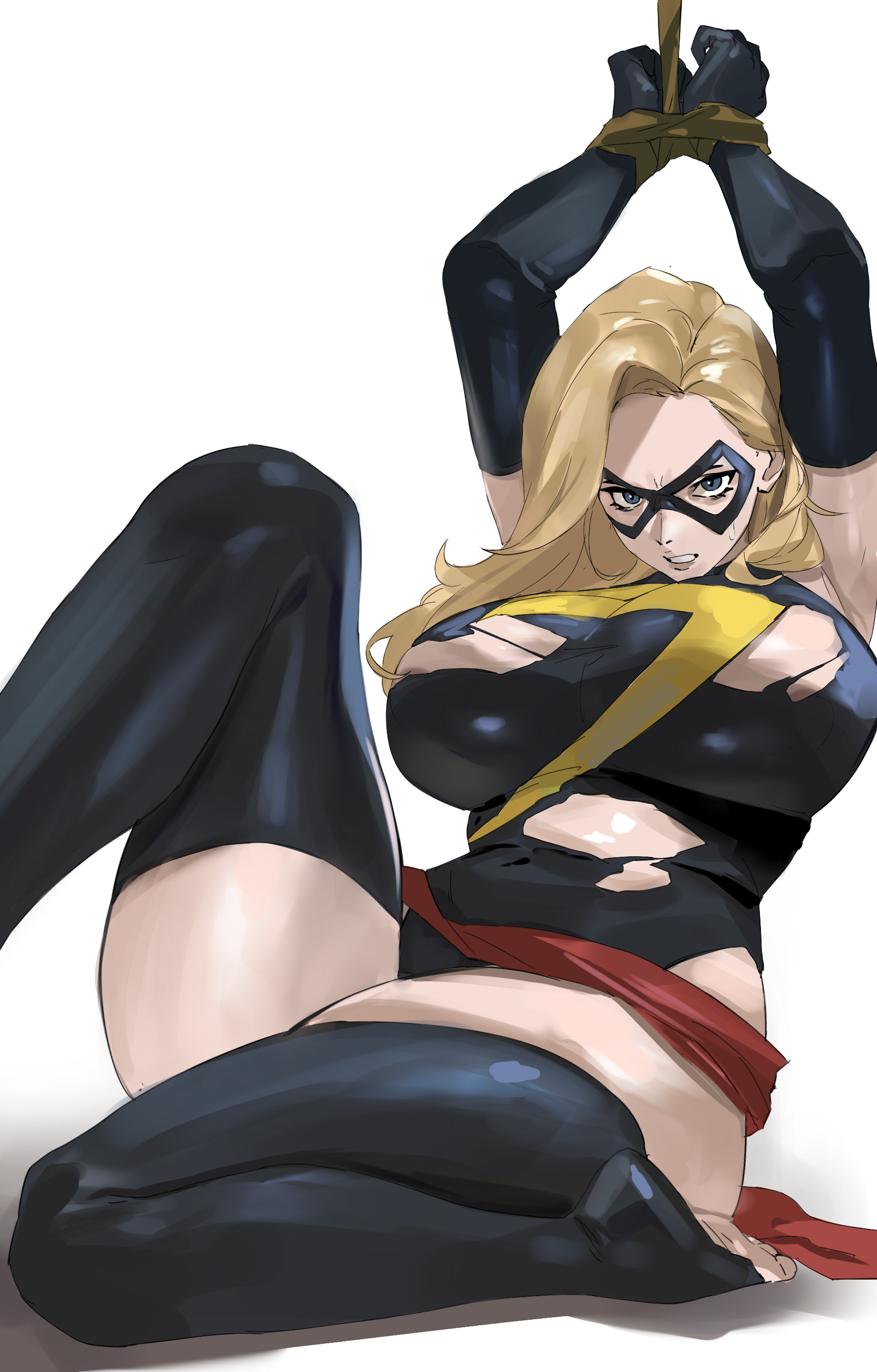 taiyang yu, carol danvers, ms. marvel, marvel, absurdres, highres, 1girl, black gloves, black leotard, black mask, black thighhighs, blonde hair, blue eyes, bound, bound wrists, breasts, covered navel, domino mask, elbow gloves, gloves, large breasts, leotard, mask, red sash, rope, sash, simple background, solo, superhero costume, sweatdrop, thighhighs, torn clothes, torn leotard, torn thighhighs, white background