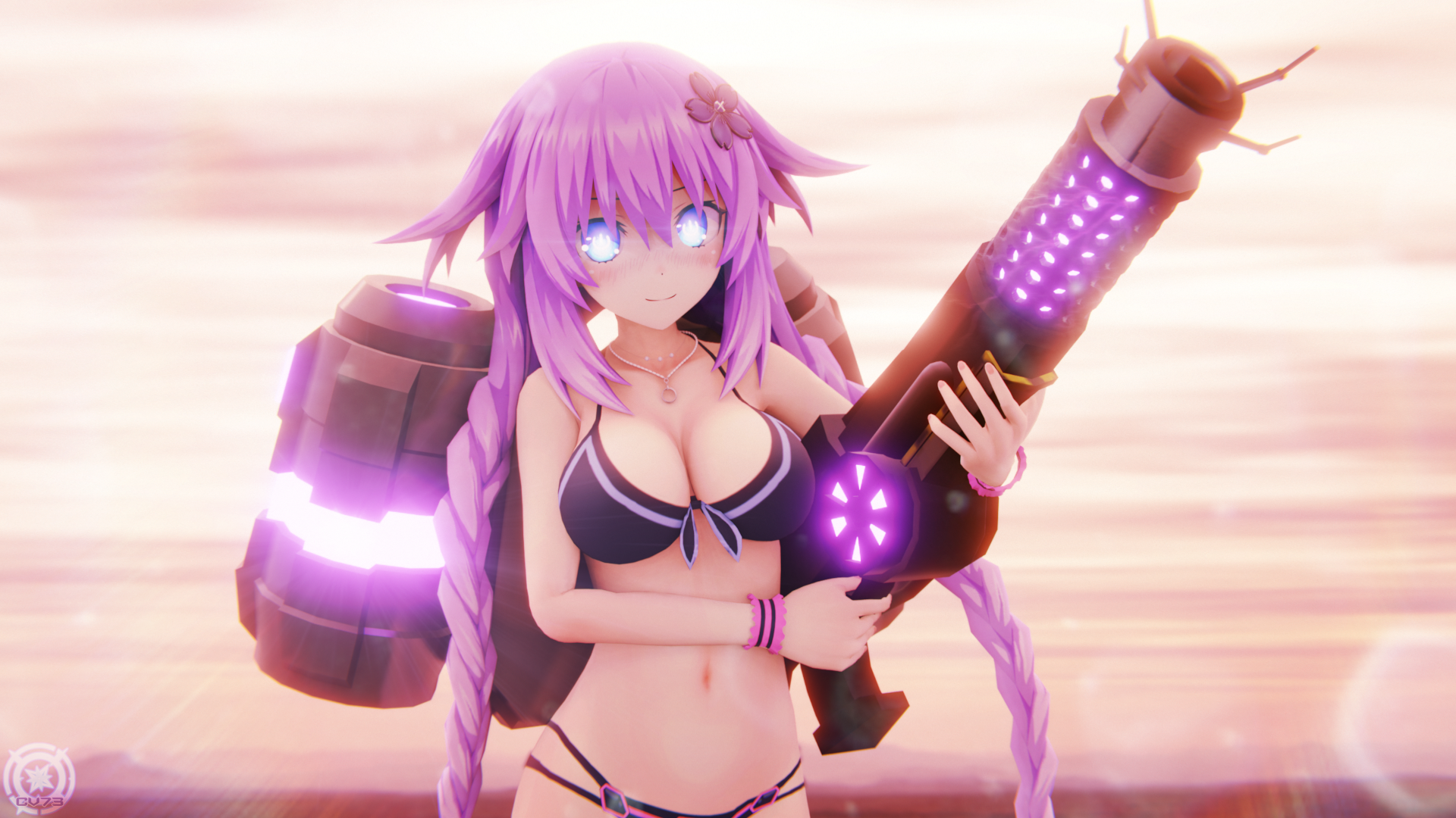 purple heart (neptunia), neptune (series), blender (medium), commentary, english commentary, highres, 1girl, 3d, blue eyes, blush, braid, breasts, cleavage, gun, hair ornament, holding, holding gun, holding weapon, litevisory73, long hair, medium breasts, power symbol, power symbol-shaped pupils, purple hair, sidelocks, smile, solo, swimsuit, symbol-shaped pupils, tower defense simulator, twin braids, very long hair, weapon