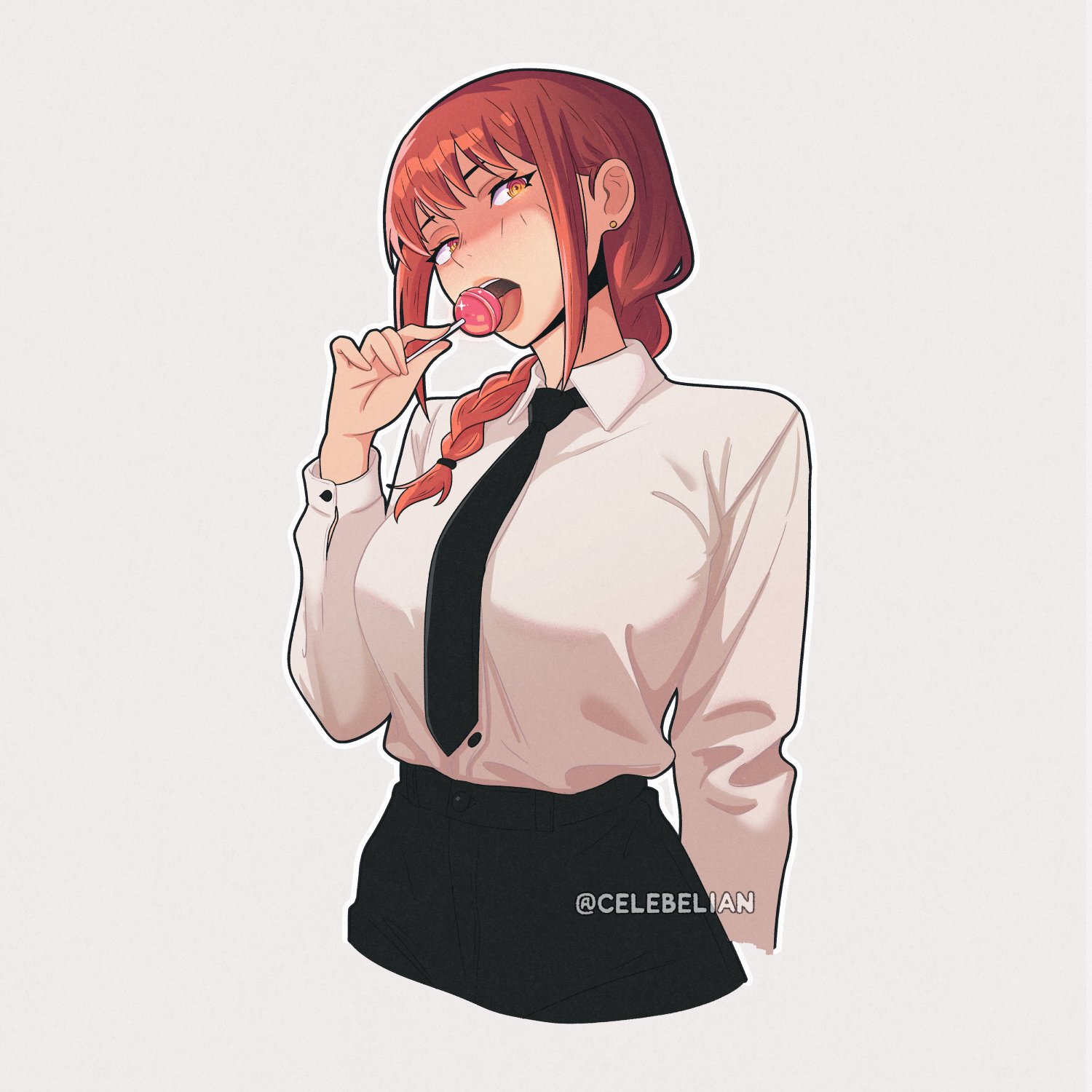 celebelian, makima (chainsaw man), chainsaw man, highres, 1girl, arm behind back, black necktie, black pants, blush, braid, breasts, candy, collared shirt, cowboy shot, cropped legs, earrings, food, grey background, hair over shoulder, holding, holding candy, holding food, holding lollipop, jewelry, lollipop, long hair, long sleeves, medium breasts, necktie, open mouth, orange eyes, pants, partially shaded face, red hair, ringed eyes, shirt, sidelocks, single braid, solo, stud earrings, tongue, tongue out, twitter username, white shirt