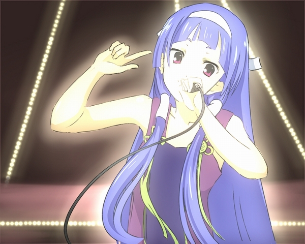 couzone, nagi, kannagi, 00s, blue hair, blunt bangs, hairband, long hair, microphone, purple eyes, solo