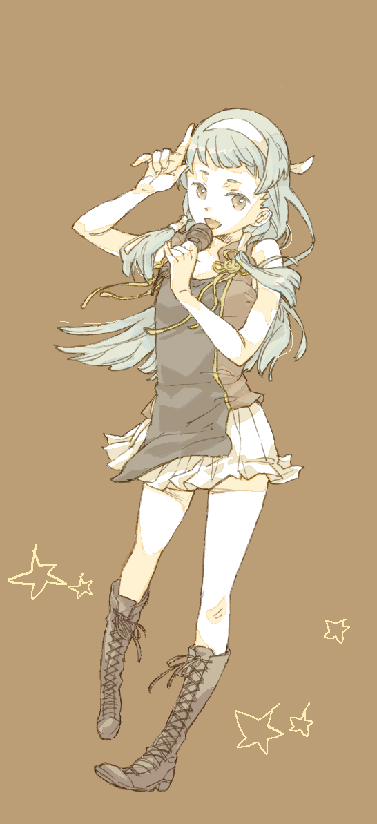 yu-tan, nagi, kannagi, bad id, bad pixiv id, 00s, 1girl, blue hair, blunt bangs, boots, female focus, hairband, headband, microphone, pleated skirt, purple eyes, skirt, solo, white skirt