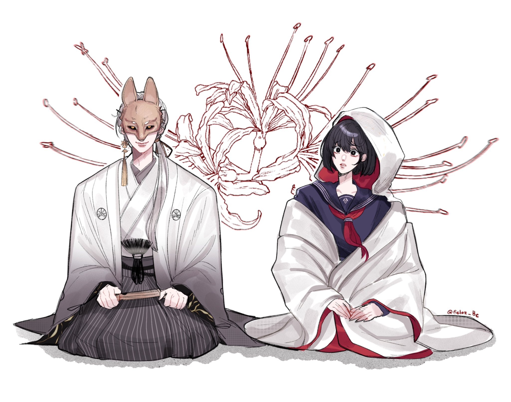 fox mask (silent hill), shimizu hinako, silent hill (series), silent hill f, highres, 1boy, 1girl, black hair, black serafuku, fox mask, geloz bc, japanese clothes, mask, neckerchief, red neckerchief, school uniform, serafuku, white hair