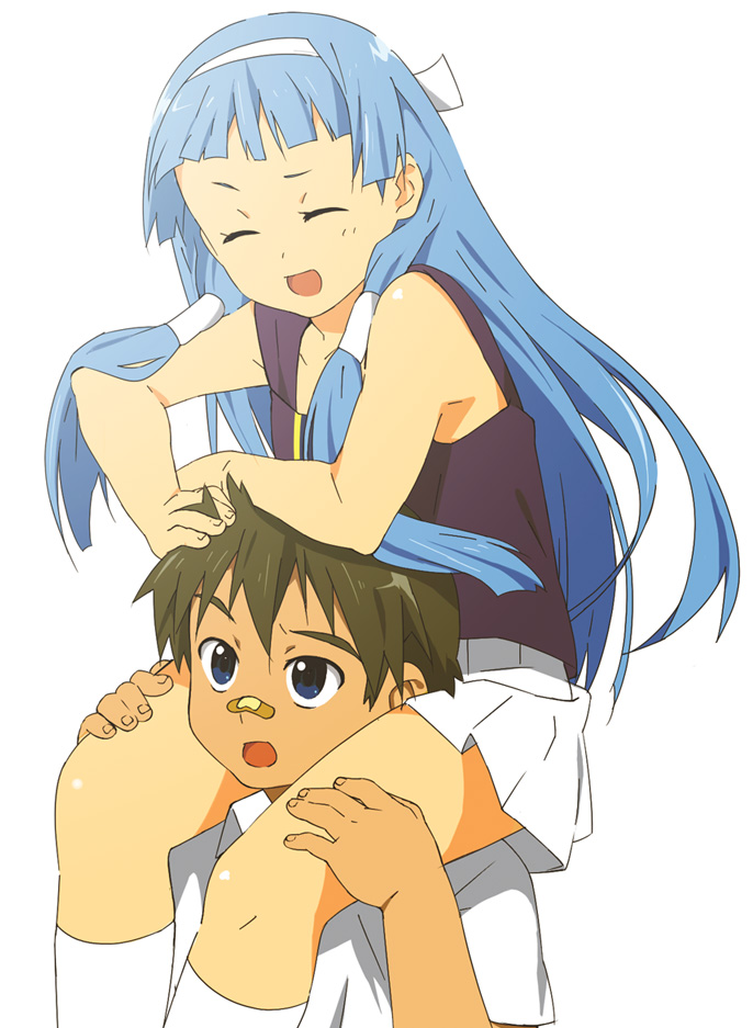 mikuriya jin, nagi, kannagi, 00s, 1boy, 1girl, bandaid, blue hair, blunt bangs, carrying, hair tubes, hairband, long hair, pleated skirt, shoulder carry, skirt, white skirt