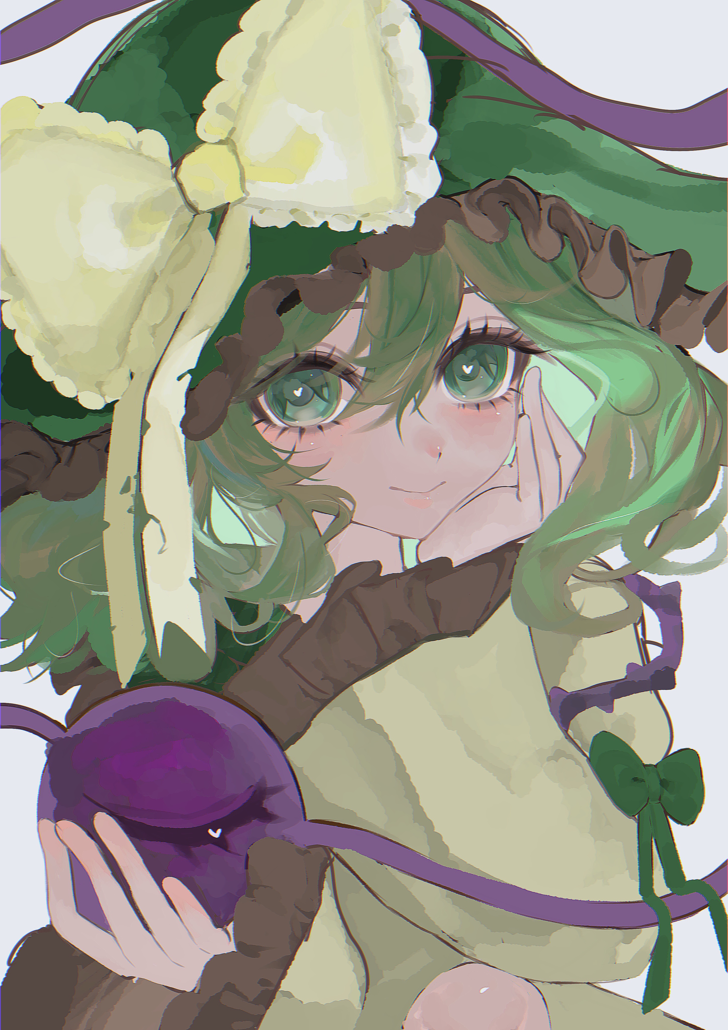 ebi mayopuri, komeiji koishi, touhou, absurdres, commentary request, highres, 1girl, :>, blush, bow, closed mouth, dot nose, double-parted bangs, eyeball, eyebrows hidden by hair, eyelashes, frilled bow, frills, green bow, green eyes, green hair, grey background, hair between eyes, hand on own cheek, hand on own face, hands up, hat, hat bow, heart, heart-shaped pupils, long hair, long sleeves, looking at viewer, simple background, smile, solo, symbol-shaped pupils, third eye, thorns, upper body, wide sleeves