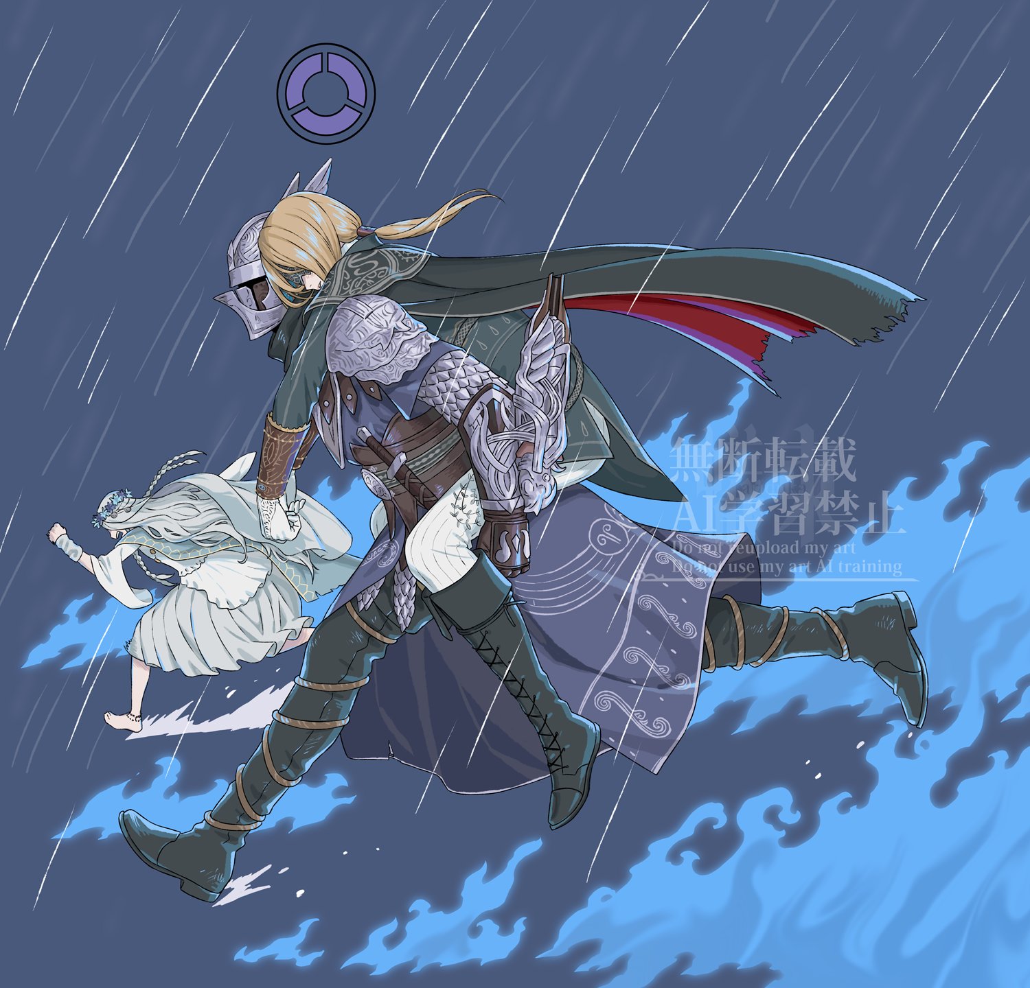 arizuka (catacombe), duchess (elden ring), revenant (elden ring), wylder (elden ring), elden ring, elden ring nightreign, highres, arm mounted weapon, armor, black boots, black cape, blonde hair, blue background, blue fire, blue jacket, blue tunic, boots, braid, brown gloves, cape, carrying, covered eyes, fire, flower wreath, full body, gloves, head wreath, helmet, jacket, long hair, low ponytail, low twin braids, open mouth, pants, pauldrons, piggyback, ponytail, rain, robe, running, shoulder armor, surcoat, tunic, twin braids, veil, white gloves, white hair, white pants, white robe, wide sleeves, winged helmet