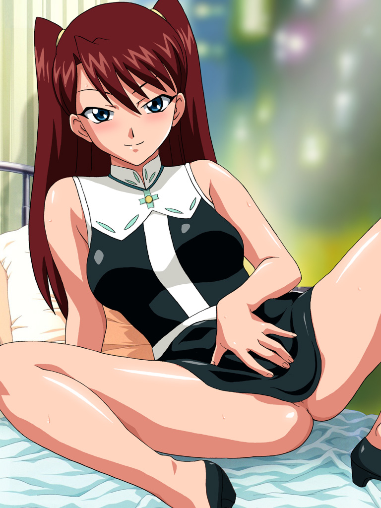 shingai eri, aika (series), aika r-16, artist request, non-web source, source request, 00s, 1girl, bare shoulders, bed, blue eyes, blurry, bottomless, depth of field, dress, female focus, high heels, indoors, long hair, naughty face, no panties, red hair, short dress, sitting, smile, solo, spread legs, thighs, twintails