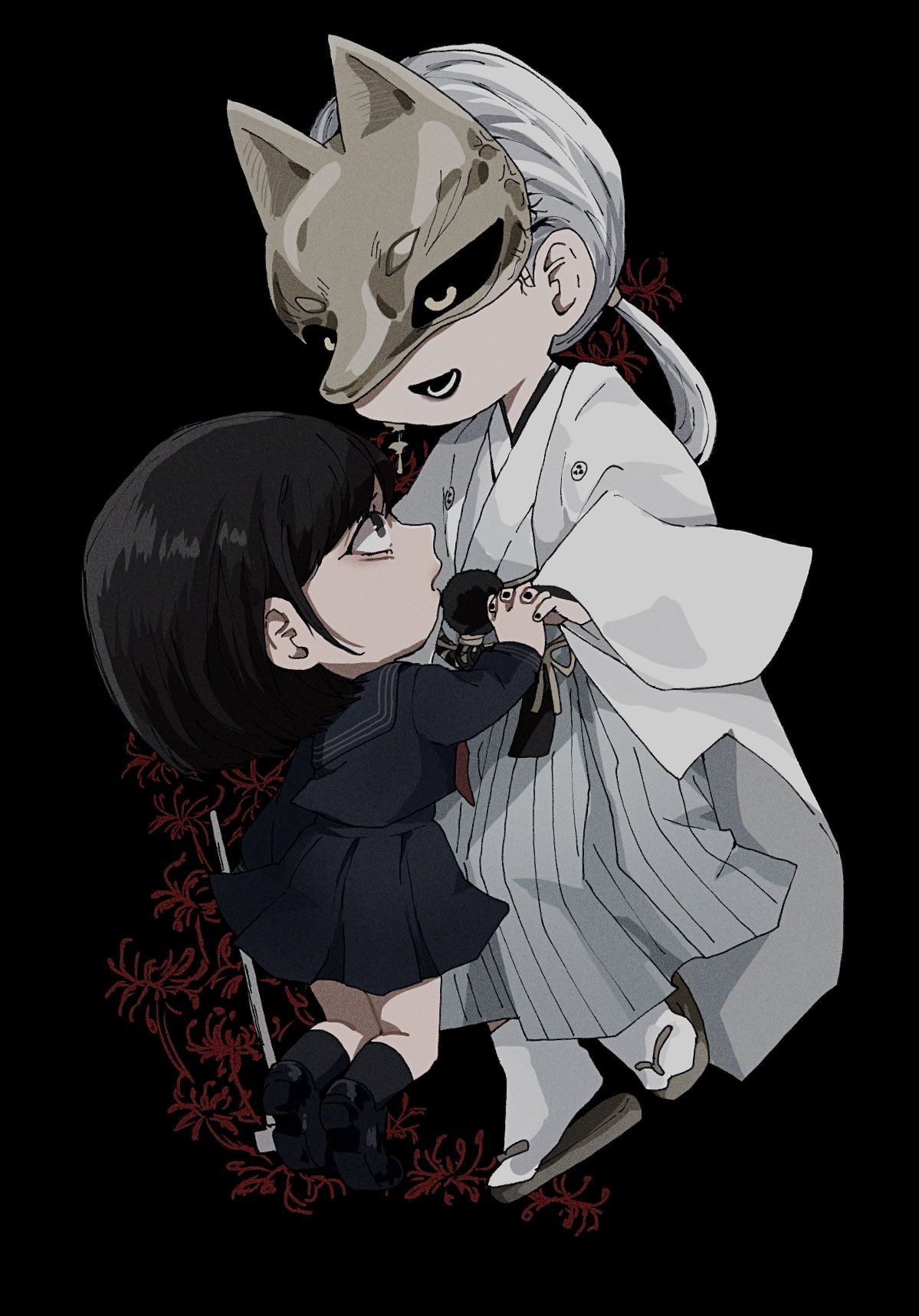 wasadi, fox mask (silent hill), shimizu hinako, silent hill (series), silent hill f, highres, 1boy, 1girl, black background, black hair, black nails, black sailor collar, black sclera, black serafuku, black shirt, black shoes, black skirt, black socks, chibi, chibi only, colored sclera, earrings, flower, fox mask, grey hair, grey robe, hair tie, holding, holding hands, holding lead pipe, interlocked fingers, japanese clothes, jewelry, lead pipe, long hair, low ponytail, mask, nail polish, neckerchief, open mouth, ponytail, red flower, red neckerchief, robe, sailor collar, sandals, school uniform, serafuku, shirt, shoes, short hair, single earring, skirt, smile, socks, spider lily, tabi, wide sleeves, yellow eyes, zouri