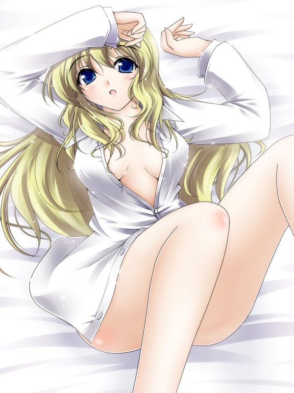 meso (gjmeso), meso (pixiv35947), bad id, bad pixiv id, 1girl, blonde hair, blue eyes, breasts, female focus, long hair, medium breasts, moriaatii (pixiv), no panties, shirt, solo