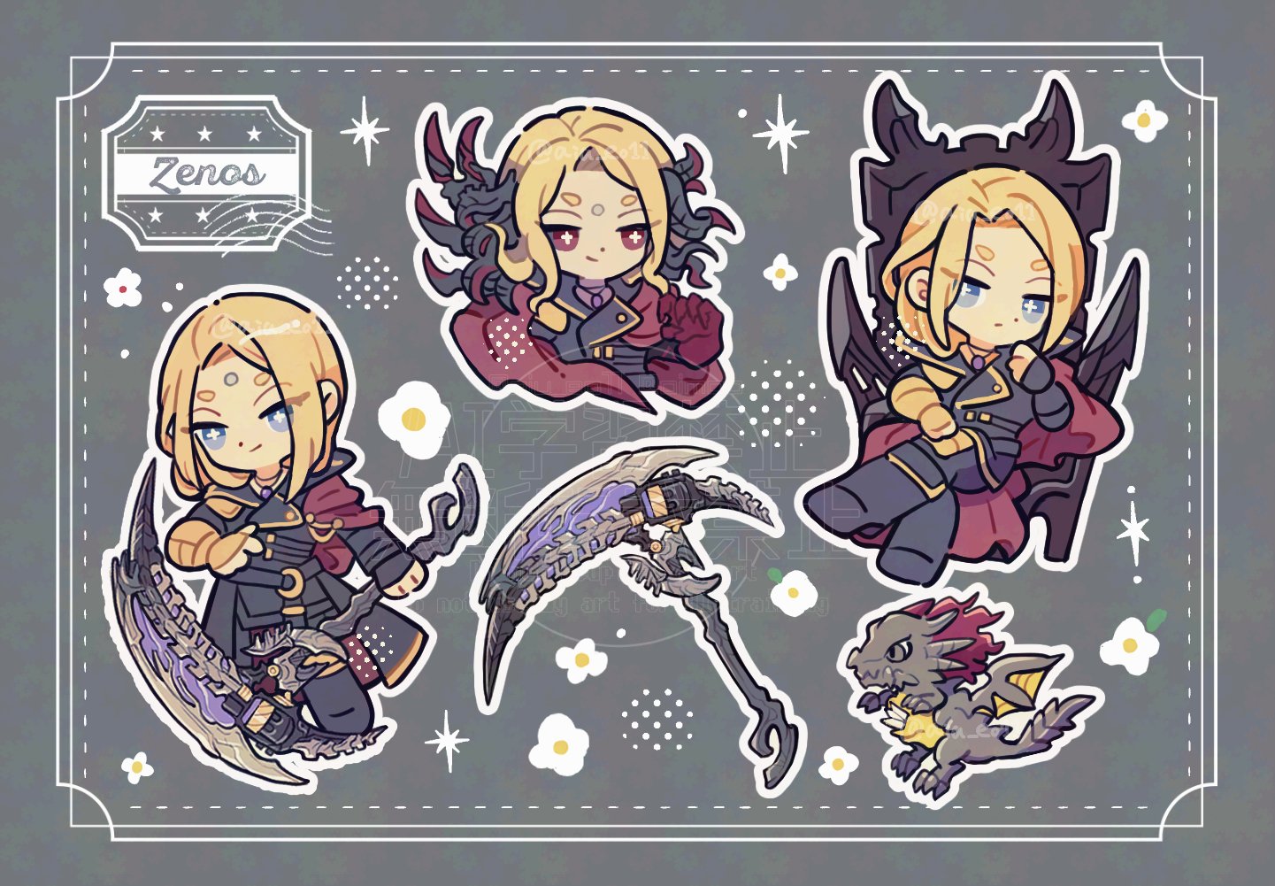 oimo (motu club), garlean, reaper (final fantasy), shinryu (final fantasy), zenos yae galvus, final fantasy, final fantasy xiv, + +, 1boy, black coat, blonde hair, blue eyes, cape, character name, chibi, chibi only, coat, dragon, flower symbol, full body, grey background, holding, holding scythe, holding weapon, horns, inset border, male focus, multiple views, red cape, red eyes, scythe, simple background, sitting, smile, standing, weapon