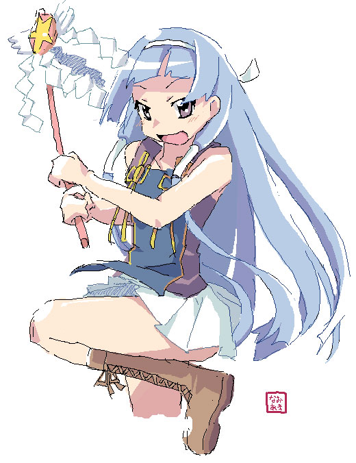 nagi, kannagi, 00s, 1girl, blue hair, blunt bangs, female focus, hair tubes, hairband, long hair, pleated skirt, purple eyes, skirt, solo, wand, white skirt
