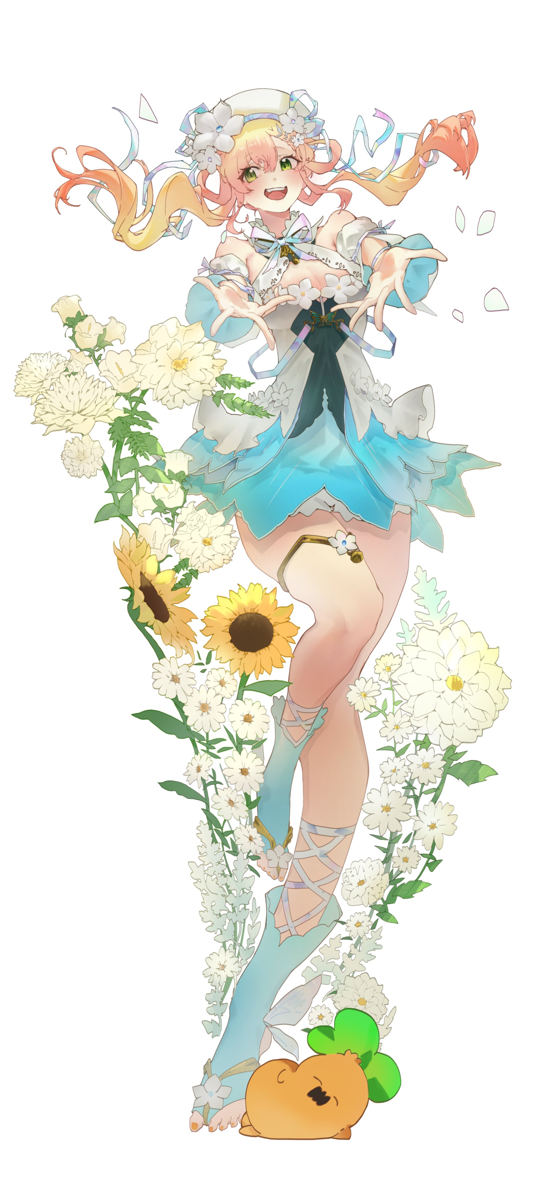 wool1997, momosuzu nene, momosuzu nene (nene rhythm), nekko (momosuzu nene), hololive, absurdres, highres, 1girl, arm cutout, beret, blonde hair, blue dress, breasts, cleavage, cleavage cutout, clothing cutout, detached sleeves, dress, floating hair, flower, full body, gradient hair, green eyes, hair flower, hair ornament, hair rings, hat, jewelry, long hair, looking at viewer, lying, multicolored hair, nail polish, official alternate costume, official alternate hairstyle, on side, open hands, open mouth, orange nails, outstretched arms, petals, pink hair, short dress, simple background, smile, standing, standing on one leg, teeth, thighlet, toenail polish, toenails, twintails, two-tone dress, upper teeth only, virtual youtuber, white background, white dress, white flower, white hat, wide sleeves