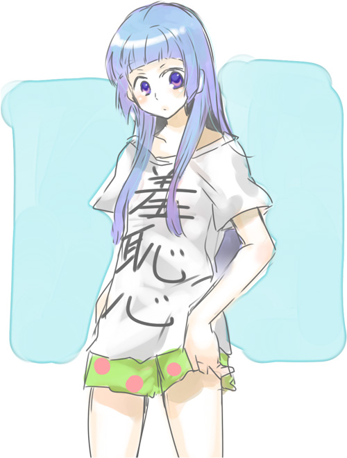 nagi, kannagi, 00s, blue hair, blunt bangs, long hair, purple eyes, solo