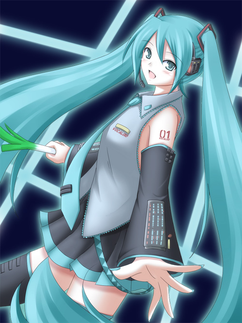 meso (gjmeso), meso (pixiv35947), hatsune miku, vocaloid, bad id, bad pixiv id, 1girl, aqua eyes, aqua hair, aqua nails, detached sleeves, female focus, headset, long hair, moriaatii (pixiv), nail polish, skirt, solo, spring onion, thighhighs, twintails