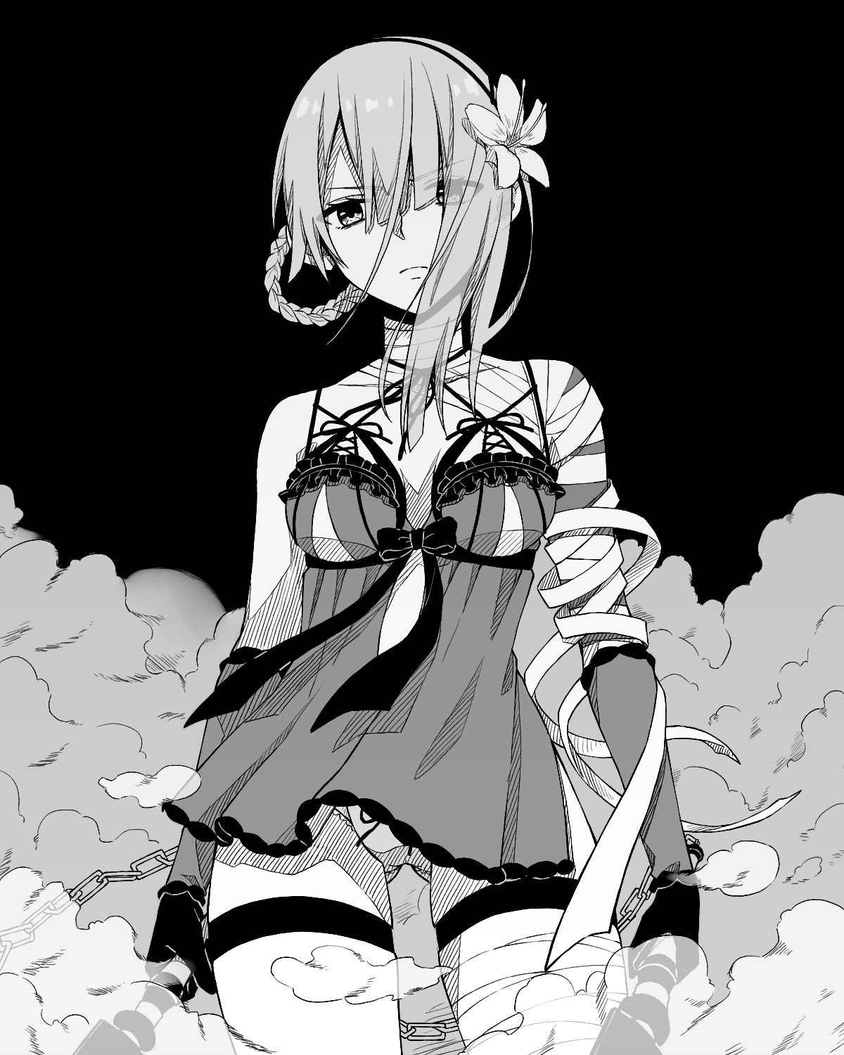 tamakingx422x, kaine (nier), nier, nier (series), commentary request, highres, 1girl, asymmetrical hair, bandaged arm, bandaged leg, bandages, braid, braided hair rings, chainsword, closed mouth, cowboy shot, dual wielding, eyes visible through hair, flower, frown, greyscale, hair flower, hair ornament, hair over one eye, hair rings, holding, holding sword, holding weapon, lingerie, long hair, looking at viewer, monochrome, negligee, panties, single hair ring, solo, standing, sword, underwear, weapon