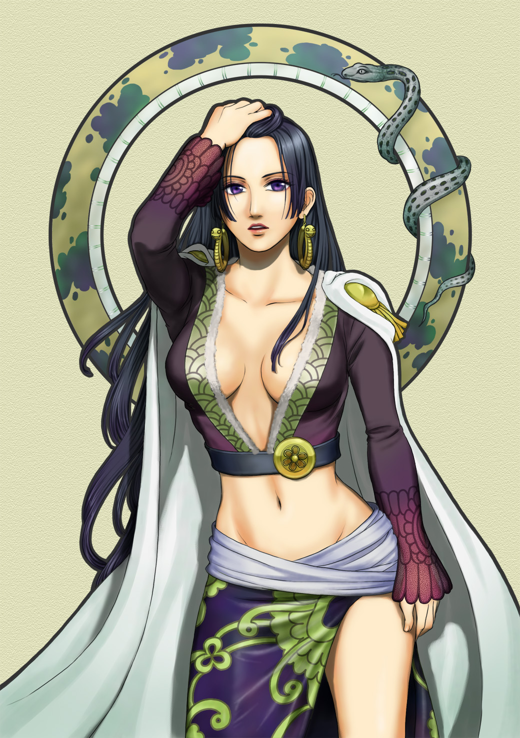 kinoko nokonoko, magmel, boa hancock, one piece, bad id, bad pixiv id, highres, 1girl, amazon lily, amazon warrior, art nouveau, black hair, breasts, cleavage, earrings, female focus, groin, jewelry, long hair, purple eyes, snake, snake earrings, solo