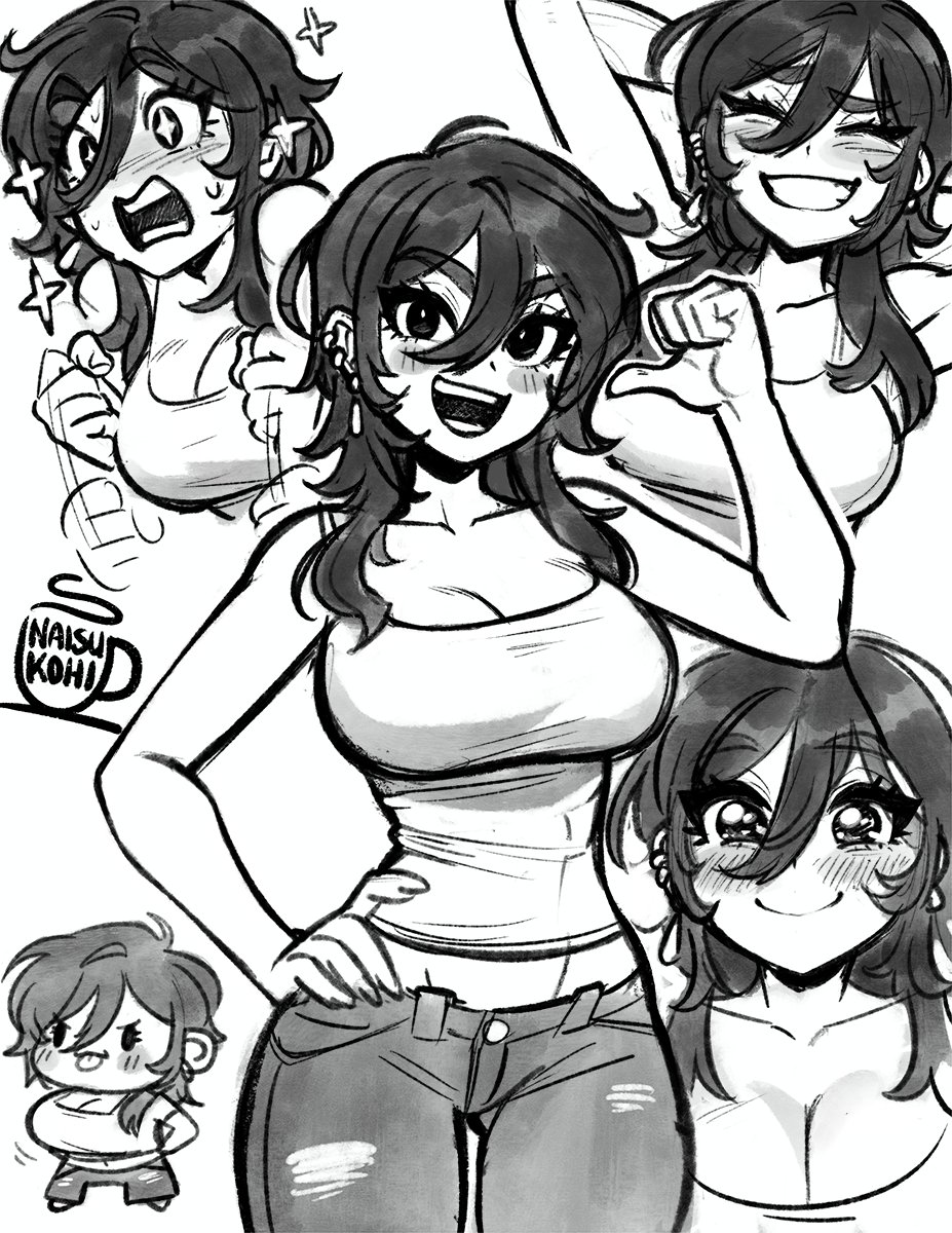 original, highres, + +, 1girl, :p, afterimage, arms behind head, artist logo, blush, blush stickers, breasts, chibi, chibi inset, cleavage, closed eyes, closed mouth, cowboy shot, denim, ear piercing, excited, gluteal fold, greyscale, grin, hair between eyes, hand on own hip, hand up, jeans, large breasts, logo, long hair, looking at viewer, midriff, monochrome, multiple views, naisukohi, open mouth, pants, piercing, smile, standing, tank top, thick eyebrows, thumbs up, tongue, tongue out, torn clothes, torn jeans, torn pants