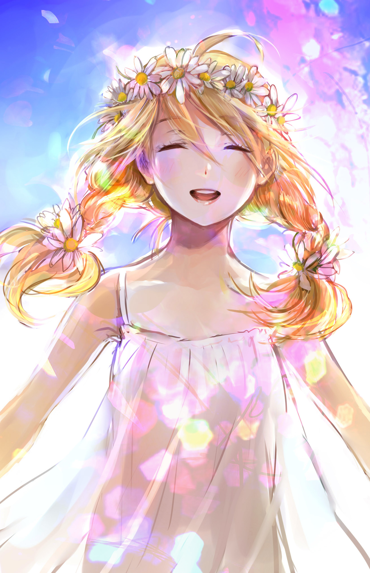 centimetre, original, highres, 1girl, blonde hair, braid, closed eyes, dress, flat chest, flower, hair flower, hair ornament, head wreath, open mouth, round teeth, smile, solo, teeth, twin braids, upper body, upper teeth only, white dress