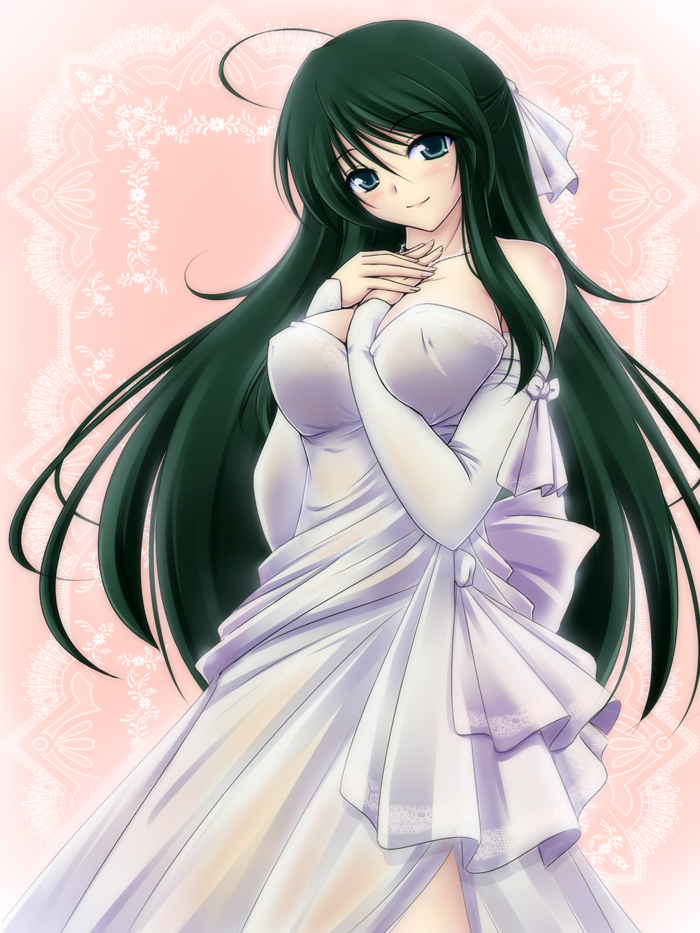 meso (gjmeso), meso (pixiv35947), bad id, bad pixiv id, ahoge, breasts, dress, elbow gloves, gloves, green eyes, green hair, large breasts, long hair, moriaatii (pixiv), smile