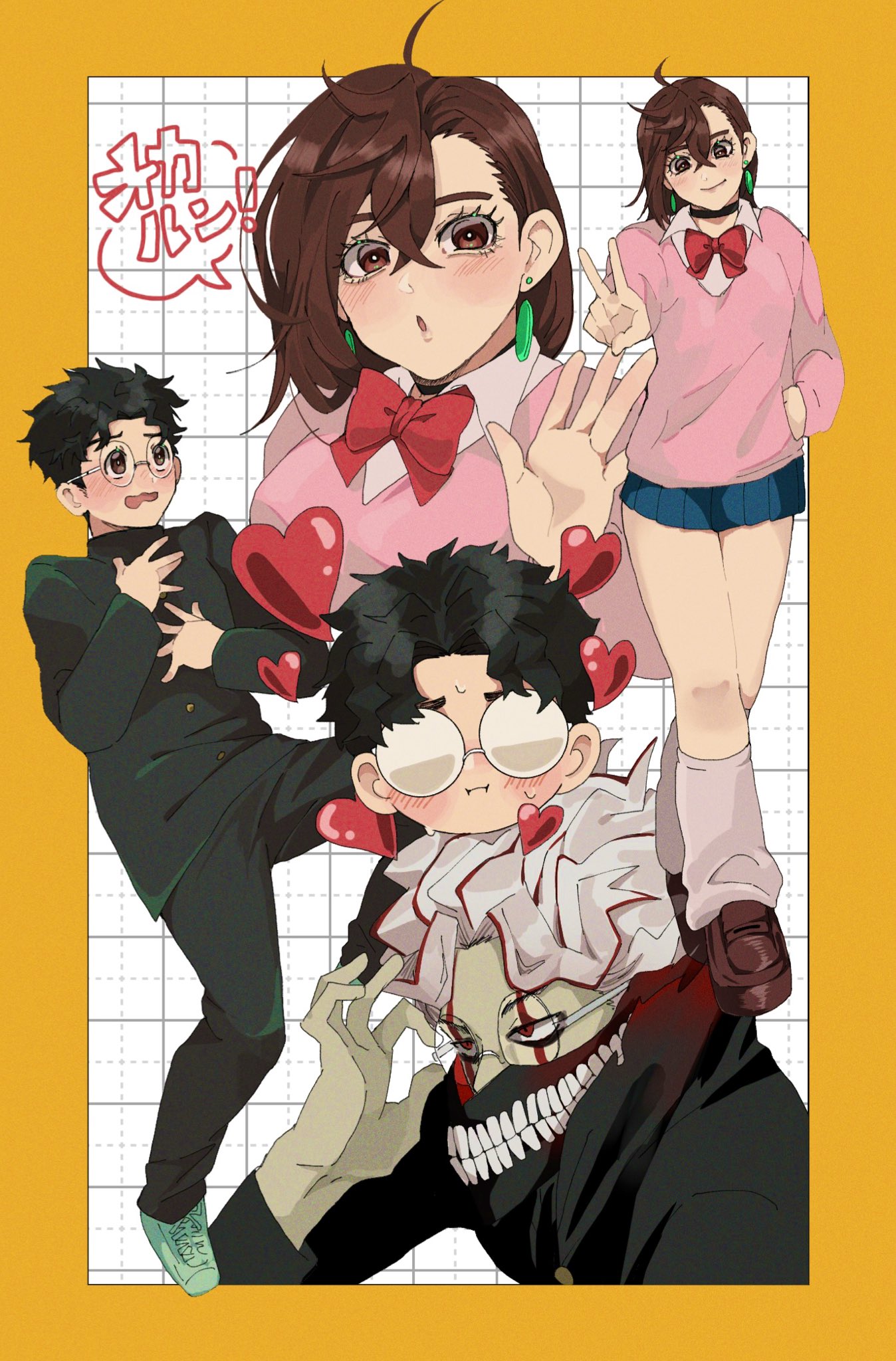 wasadi, ayase momo, takakura ken (dandadan), takakura ken (transformed) (dandadan), dandadan, highres, translated, adjusting eyewear, black choker, black hair, black jacket, black pants, blue skirt, blush, border, bow, bowtie, breasts, brown eyes, brown hair, brown shoes, character name, choker, collared shirt, crossed bangs, dual persona, earrings, facial mark, full body, gakuran, glasses, grid background, hair between eyes, hands on own chest, jacket, jewelry, loafers, loose socks, male focus, medium breasts, medium hair, multicolored hair, multiple views, orange border, pants, parted bangs, parted lips, pink sweater, pleated skirt, red bow, red bowtie, red eyes, red hair, round eyewear, school uniform, shirt, shirt under sweater, shoes, short hair, skirt, sneakers, socks, streaked hair, sweatdrop, sweater, teeth, upper body, v, waving, wavy hair, wavy mouth, white hair, white shirt, white shoes, white socks