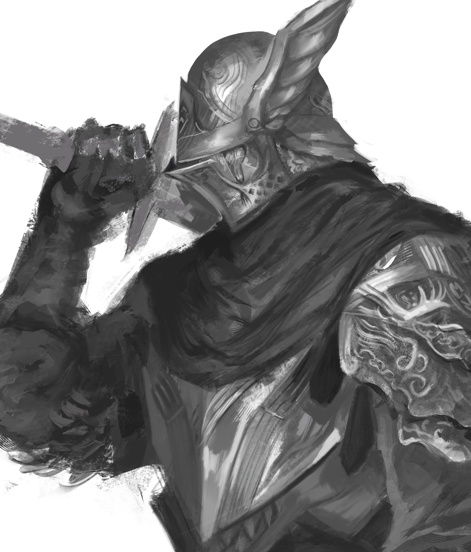 abyssmalenia, wylder (elden ring), elden ring, elden ring nightreign, highres, 1boy, arm up, armor, breastplate, gloves, greyscale, helmet, holding, holding sword, holding weapon, monochrome, over shoulder, pauldrons, scarf, shoulder armor, simple background, solo, sword, weapon, weapon over shoulder, winged helmet