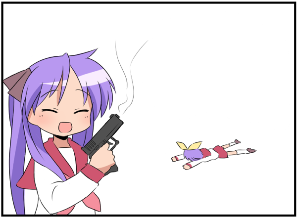 haiteku, hiiragi kagami, hiiragi tsukasa, lucky star, bad id, bad pixiv id, 00s, 2girls, death, faceplant, gun, kneehighs, multiple girls, murder, ribbon, school uniform, serafuku, siblings, sisters, socks, twintails, weapon