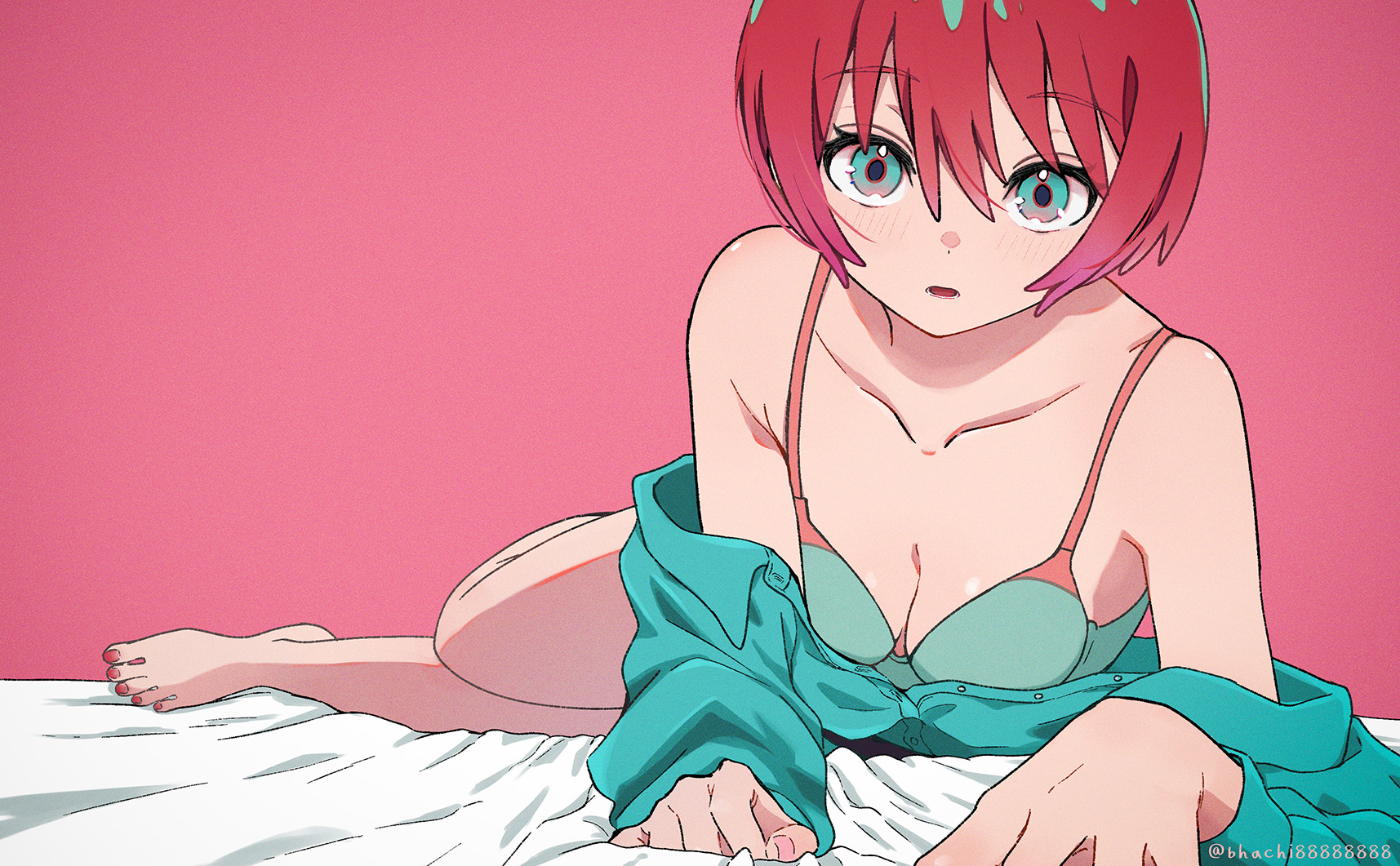 bhachi88888888, amate yuzuriha, gundam, gundam gquuuuuux, commentary request, highres, 1girl, aqua eyes, aqua shirt, barefoot, bra, breasts, cleavage, collarbone, collared shirt, feet, green bra, leaning forward, long sleeves, looking at viewer, lying, nail polish, off shoulder, open mouth, parted lips, pink background, pink straps, red hair, shirt, short hair, simple background, solo, toenail polish, toenails, underwear