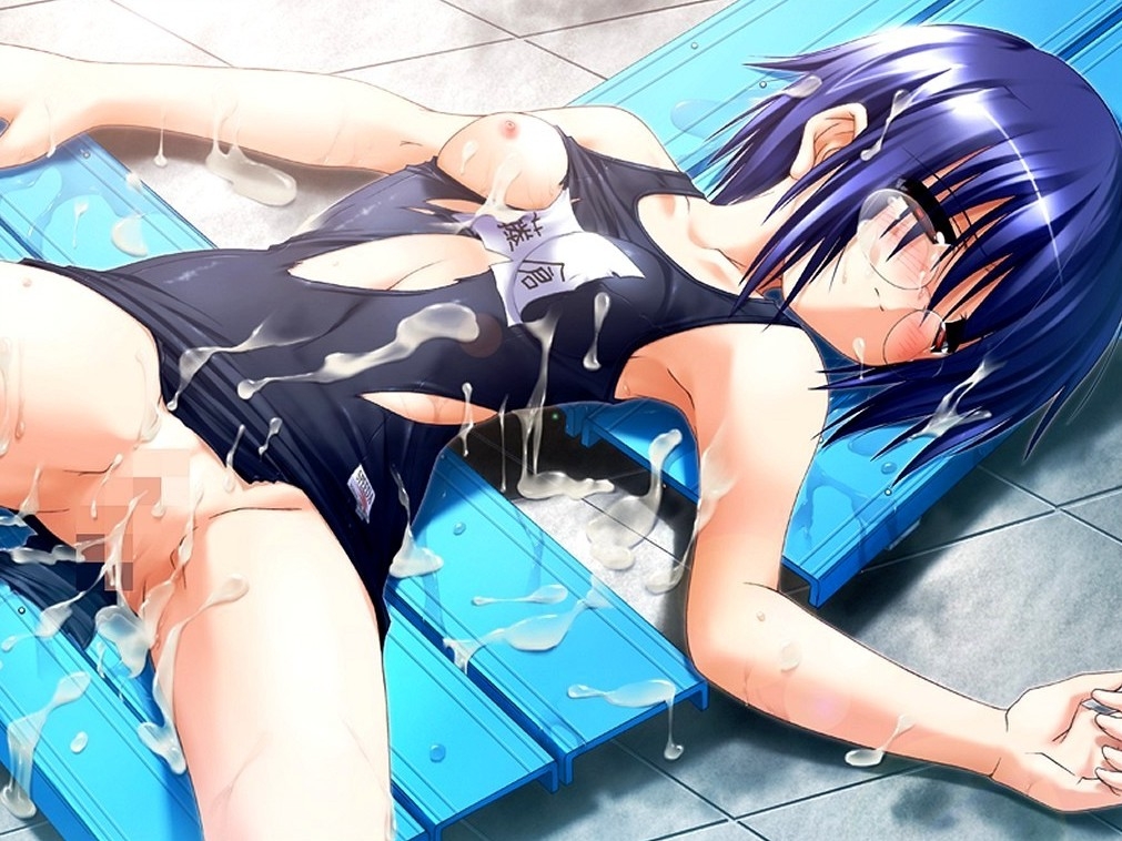 mima chi, fujikura nagomi, haru no ashioto, sakura no sakukoro, non-web source, 1girl, aftersex, blue hair, blush, breasts, bukkake, censored, cum, cum on clothes, cum on hair, female focus, glasses, lying, one-piece swimsuit, pussy, school swimsuit, short hair, small breasts, solo, spread legs, swimsuit, tears, torn clothes, torn swimsuit