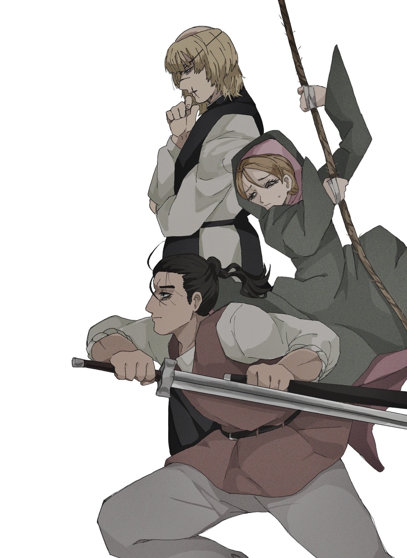 wasadi, badeni, jolenta, oczy, chi.: chikyuu no undou ni tsuite, highres, 1girl, 2boys, bags under eyes, belt, black belt, black hair, black tunic, blonde hair, brown vest, capelet, cowboy shot, crossed arms, eyepatch, furrowed brow, grey pants, grey robe, hair bun, hand on own chin, holding, holding sheath, holding sword, holding weapon, hood, hood up, hooded capelet, hooded robe, medium hair, multiple boys, pants, ponytail, robe, scar, scar on face, scar on mouth, scar on nose, sheath, shirt, sweatdrop, swinging on rope, sword, tonsure, tunic, upper body, vest, weapon, white background, white pants, white shirt