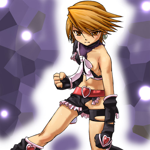 haruyama kazunori, cure black, misumi nagisa, futari wa precure, precure, lowres, non-web source, 00s, 1girl, bike shorts, brown eyes, brown hair, cameltoe, earrings, female focus, fingerless gloves, flat chest, gloves, heart, heart earrings, injury, jewelry, midriff, navel, no bra, no panties, partially visible vulva, short hair, solo, torn clothes, torn gloves
