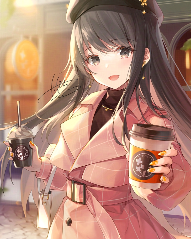 kagachi saku, original, 1girl, bag, beret, black eyes, black hair, black hat, black shirt, blush, breasts, coat, cup, disposable coffee cup, disposable cup, earrings, handbag, hat, holding, holding cup, jewelry, long hair, long sleeves, looking at viewer, open mouth, outdoors, outstretched arm, pink coat, shirt, smile, solo