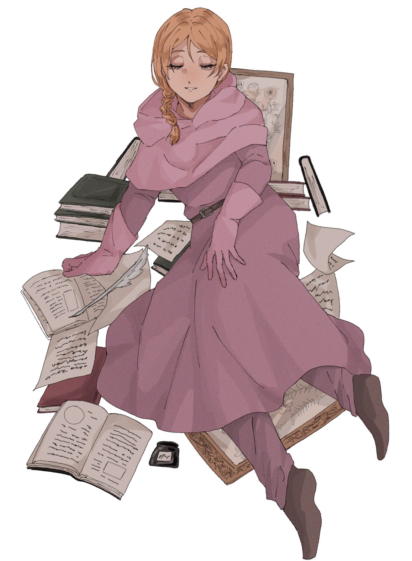 wasadi, jolenta, chi.: chikyuu no undou ni tsuite, highres, 1girl, blonde hair, book, braid, brown shoes, capelet, closed eyes, dress, full body, gloves, hair between eyes, hair over shoulder, hand on lap, hood, hood down, hooded capelet, inkwell, light smile, long dress, long hair, open book, parted lips, picture frame, pink capelet, pink dress, pink gloves, quill, shoes, single braid, solo, white background