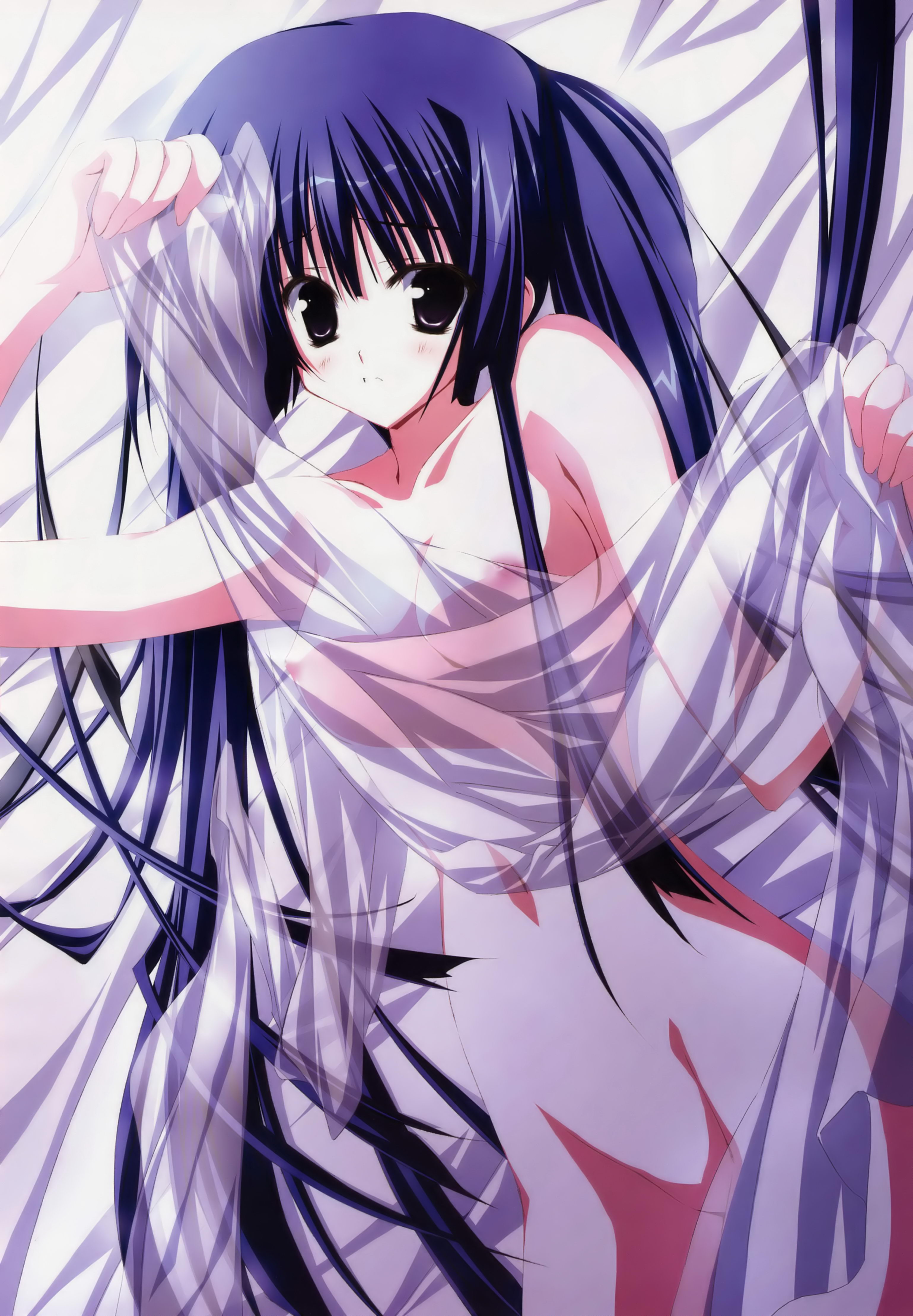 motoyon, kohinata hayami, h2o footprints in the sand, absurdres, highres, non-web source, 00s, 1girl, bed, blue hair, breasts, female focus, long hair, nipples, nude, purple eyes, see-through clothes, small breasts, solo, very long hair